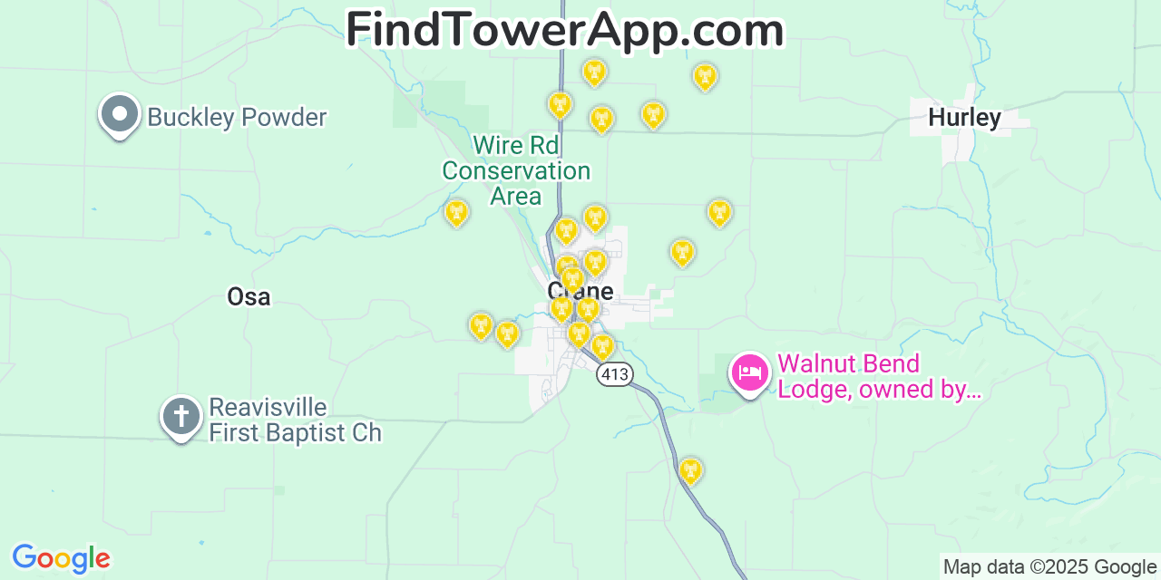 Map showing the 20 primary cell tower locations detected in Crane, Missouri from AT&T, Verizon, and T-Mobile networks