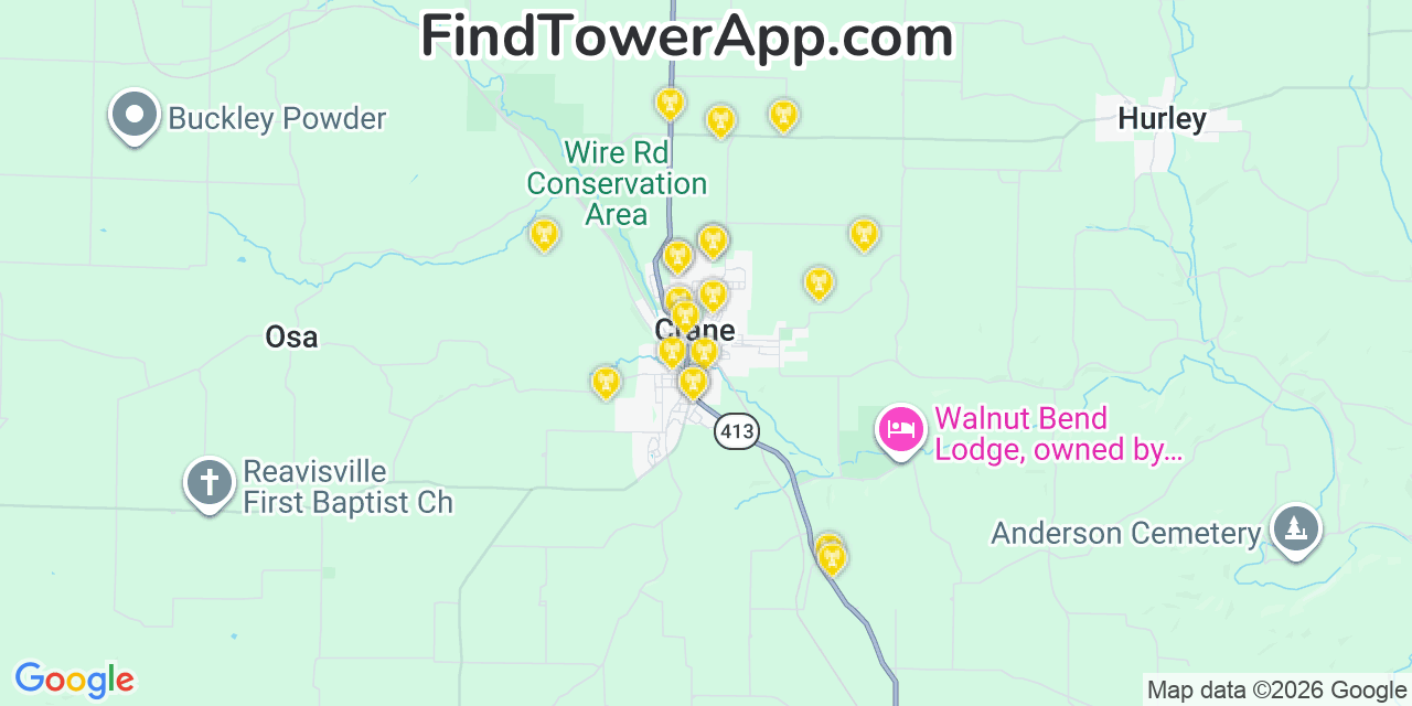 Map showing the 20 primary cell tower locations detected in Crane, Missouri from AT&T, Verizon, and T-Mobile networks