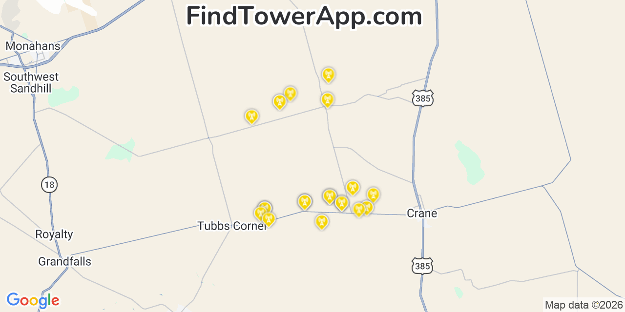 Map showing the 20 primary cell tower locations detected in Crane, Texas from AT&T, Verizon, and T-Mobile networks