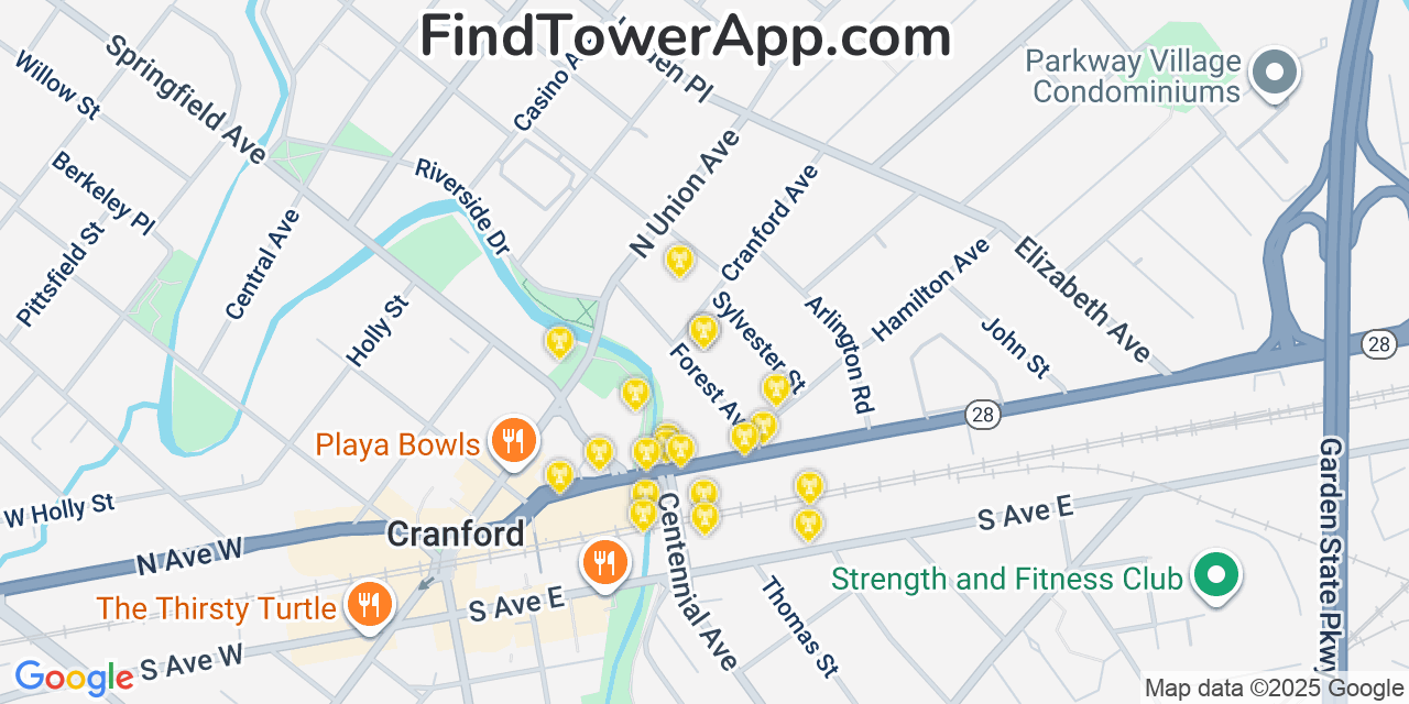 Map showing the 20 primary cell tower locations detected in Cranford, New Jersey from AT&T, Verizon, and T-Mobile networks