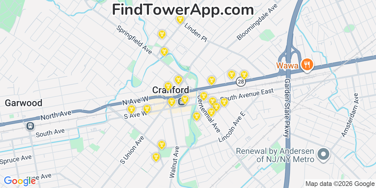 Map showing the 20 primary cell tower locations detected in Cranford, New Jersey from AT&T, Verizon, and T-Mobile networks