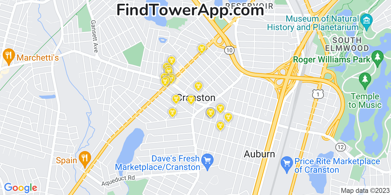 AT&T 4G/5G cell tower coverage map Cranston, Rhode Island