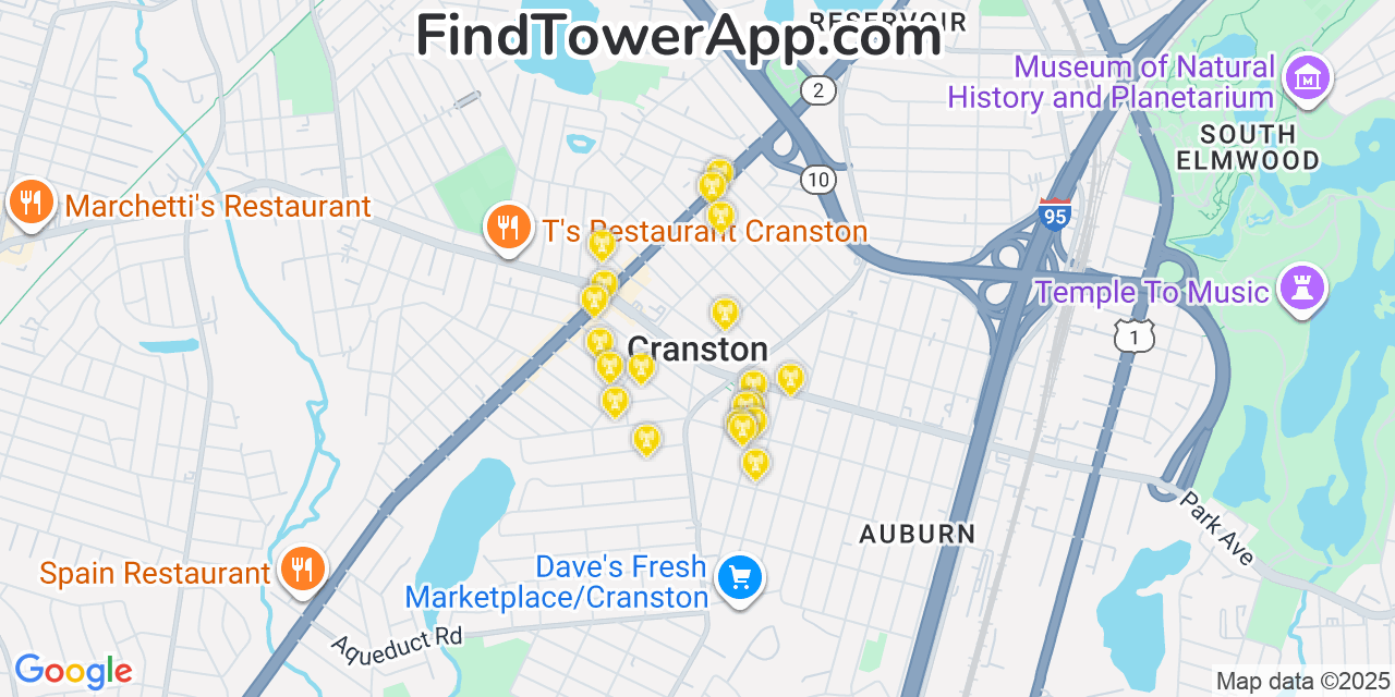 Map showing the 20 primary cell tower locations detected in Cranston, Rhode Island from AT&T, Verizon, and T-Mobile networks