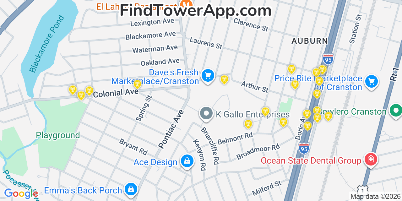 Map showing the 20 primary cell tower locations detected in Cranston, Rhode Island from AT&T, Verizon, and T-Mobile networks