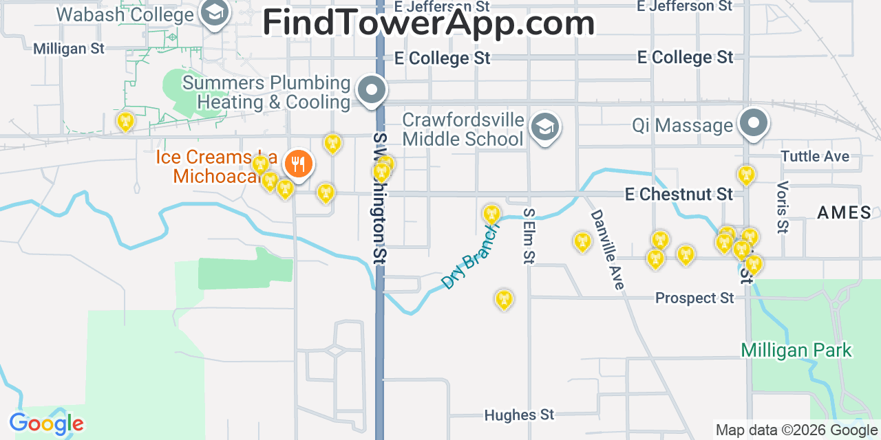 Map showing the 20 primary cell tower locations detected in Crawfordsville, Indiana from AT&T, Verizon, and T-Mobile networks