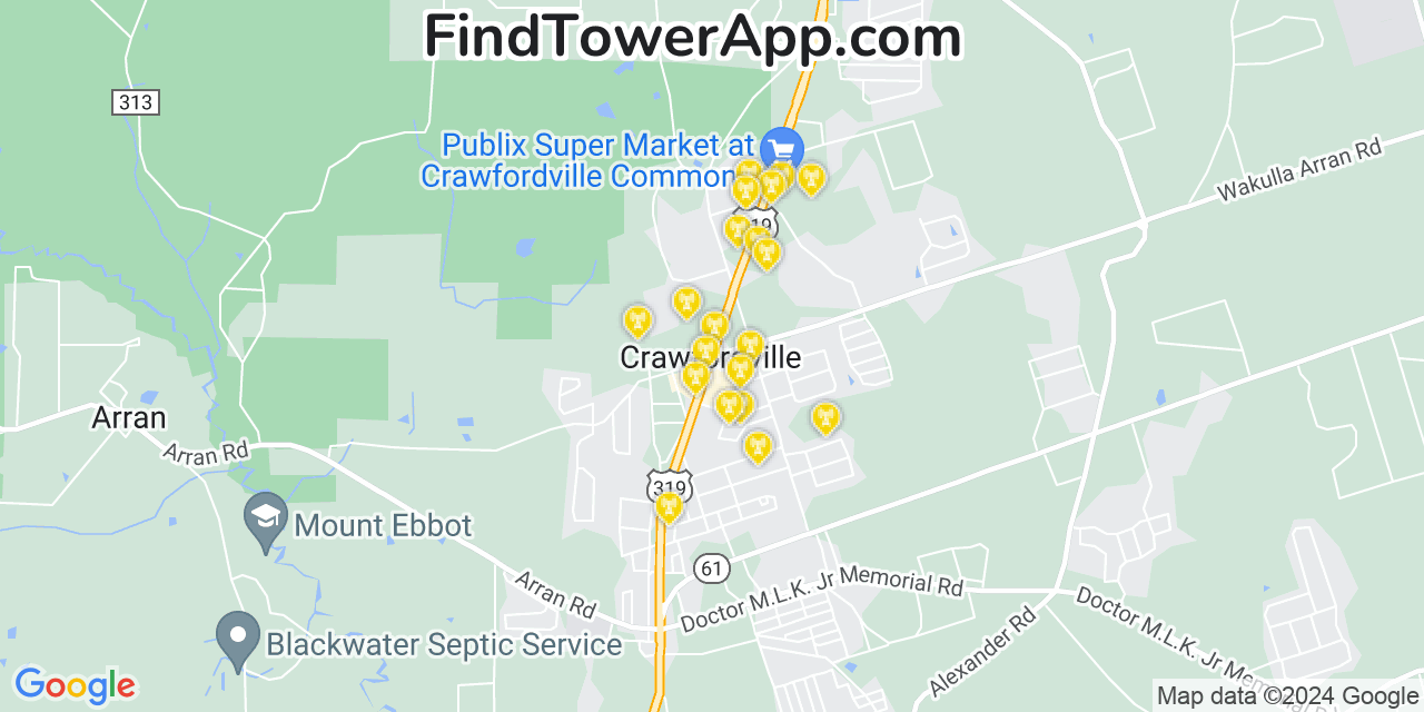 AT&T 4G/5G cell tower coverage map Crawfordville, Florida