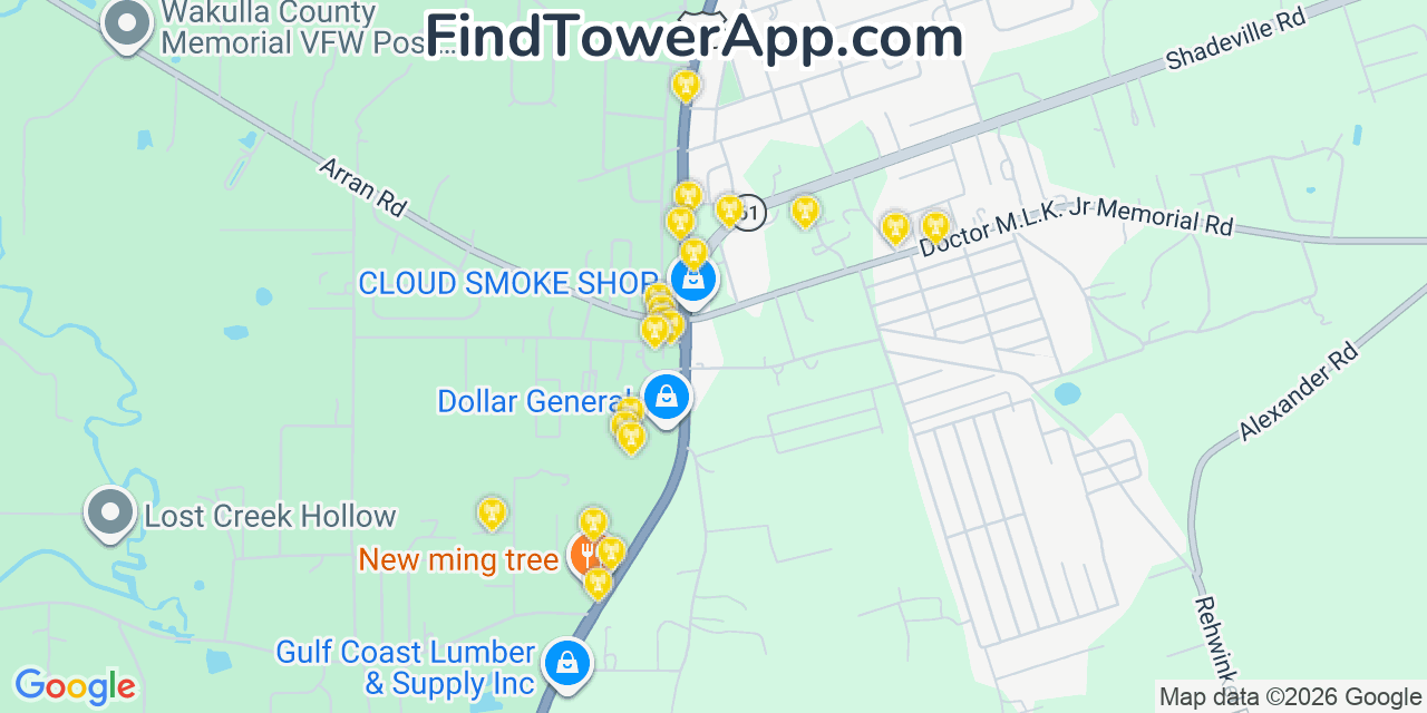 Map showing the 20 primary cell tower locations detected in Crawfordville, Florida from AT&T, Verizon, and T-Mobile networks
