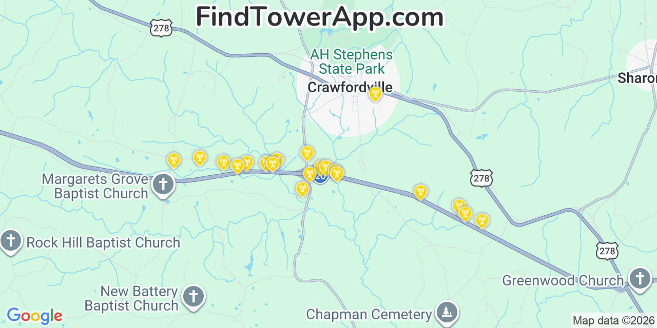 Map showing the 20 primary cell tower locations detected in Crawfordville, Georgia from AT&T, Verizon, and T-Mobile networks