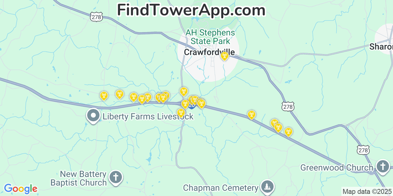 Map showing the 20 primary Mobitel cell tower locations detected in Crawfordville, Georgia with coverage radius and signal strength indicators