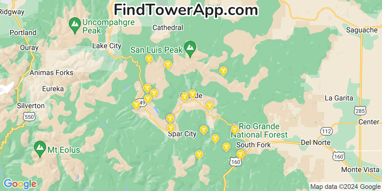 AT&T 4G/5G cell tower coverage map Creede, Colorado