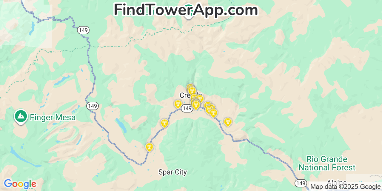 Map showing the 20 primary cell tower locations detected in Creede, Colorado from AT&T, Verizon, and T-Mobile networks