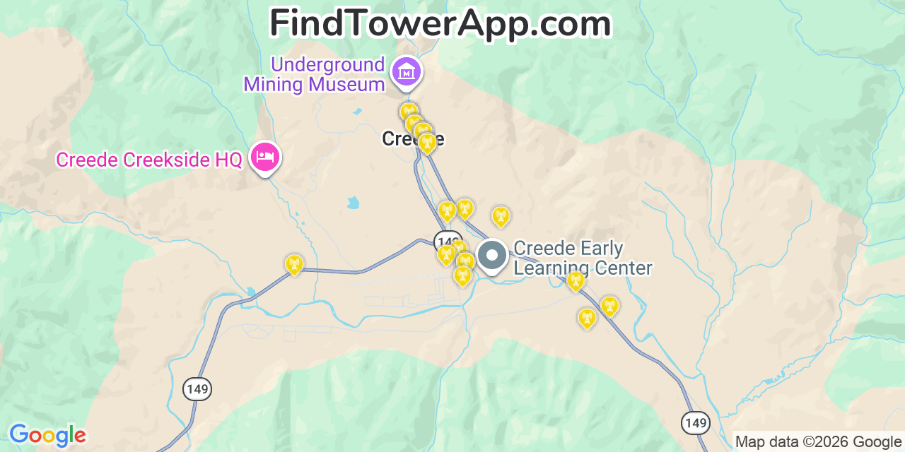 Map showing the 20 primary cell tower locations detected in Creede, Colorado from AT&T, Verizon, and T-Mobile networks