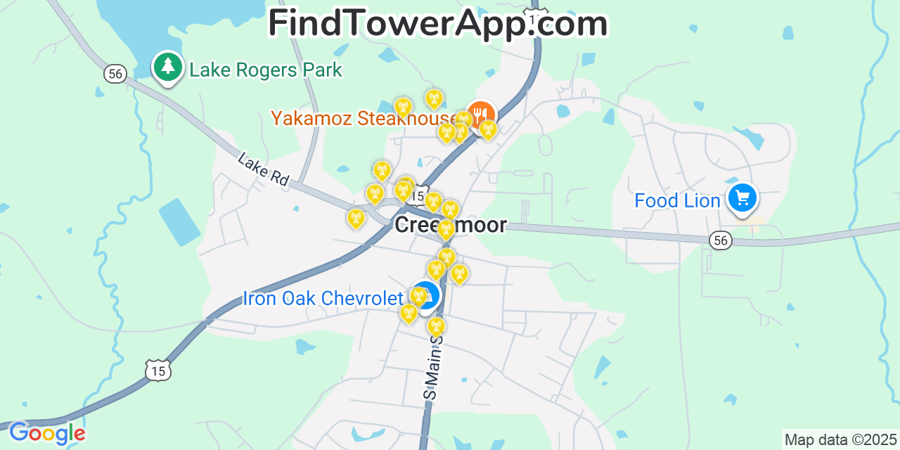 Map showing the 20 primary cell tower locations detected in Creedmoor, North Carolina from AT&T, Verizon, and T-Mobile networks