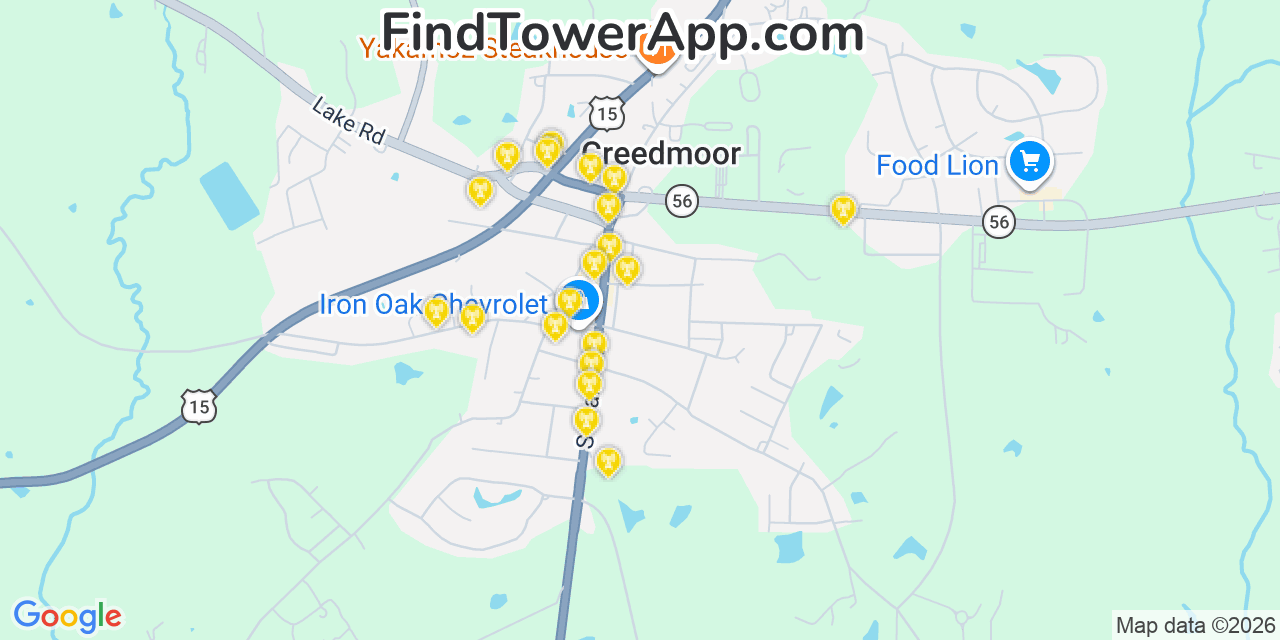 Map showing the 20 primary cell tower locations detected in Creedmoor, North Carolina from AT&T, Verizon, and T-Mobile networks