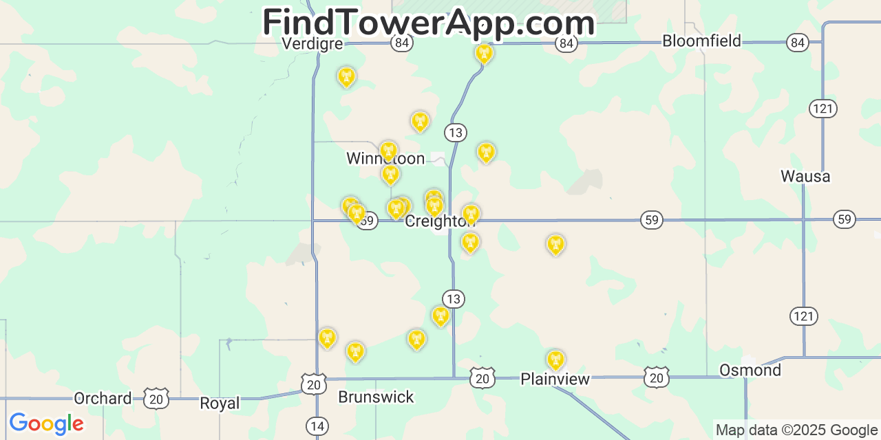 Map showing the 20 primary cell tower locations detected in Creighton, Nebraska from AT&T, Verizon, and T-Mobile networks