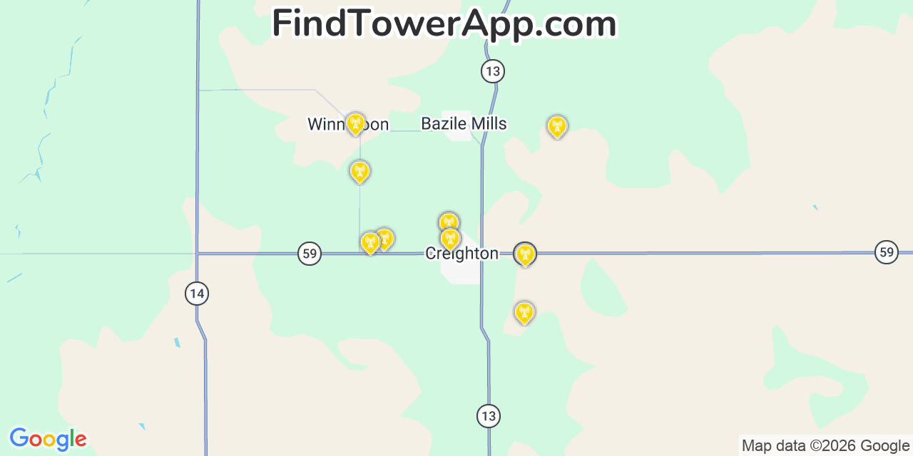 Map showing the 20 primary cell tower locations detected in Creighton, Nebraska from AT&T, Verizon, and T-Mobile networks