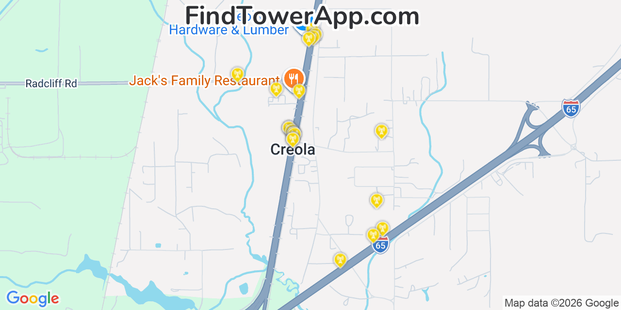 Map showing the 20 primary cell tower locations detected in Creola, Alabama from AT&T, Verizon, and T-Mobile networks