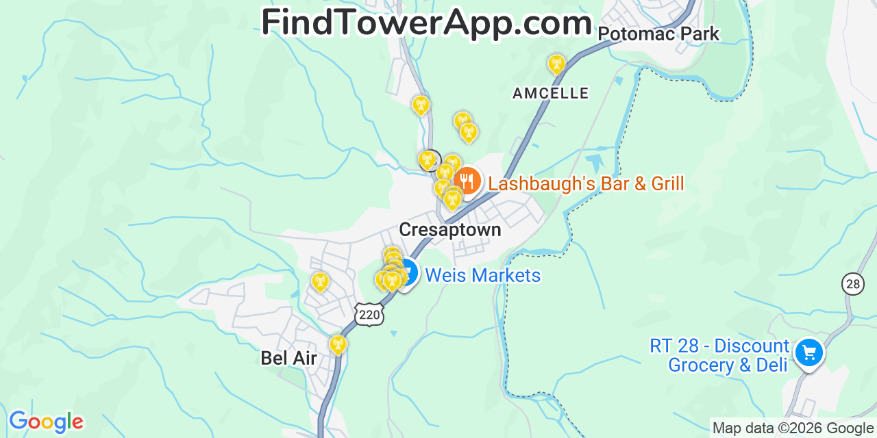Map showing the 20 primary cell tower locations detected in Cresaptown, Maryland from AT&T, Verizon, and T-Mobile networks