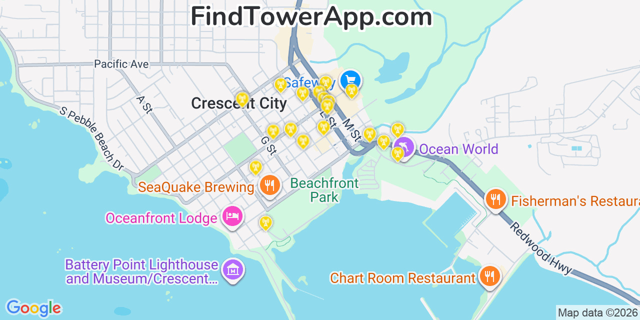 Map showing the 20 primary cell tower locations detected in Crescent City, California from AT&T, Verizon, and T-Mobile networks