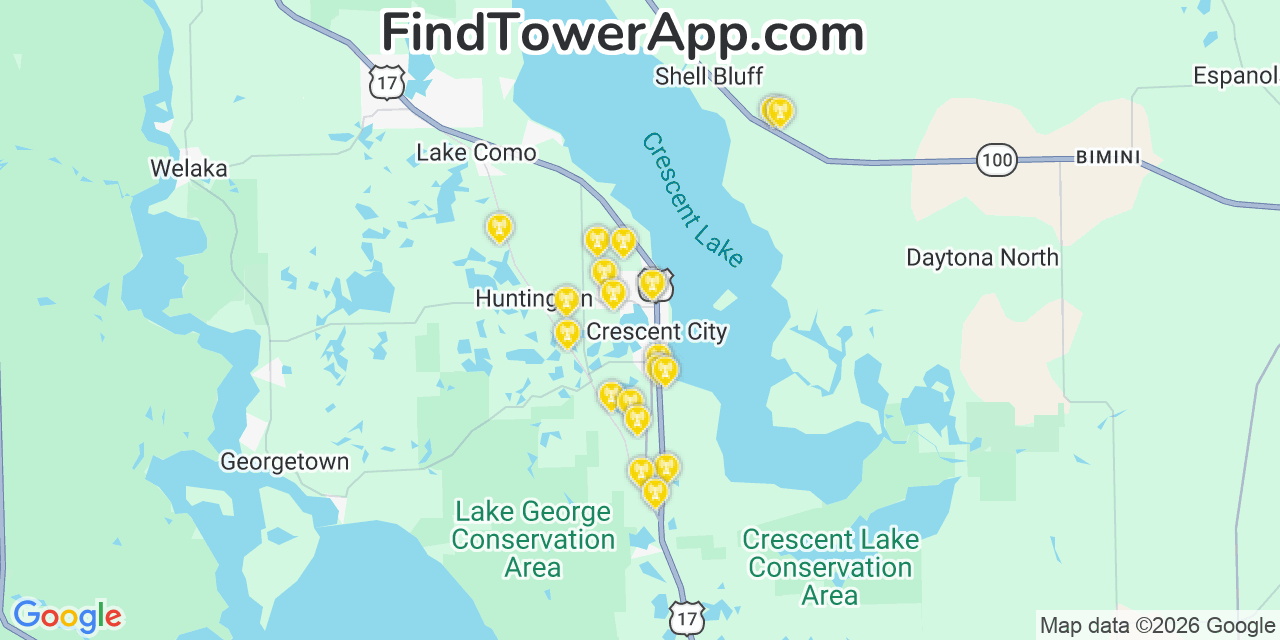 Map showing the 20 primary cell tower locations detected in Crescent City, Florida from AT&T, Verizon, and T-Mobile networks