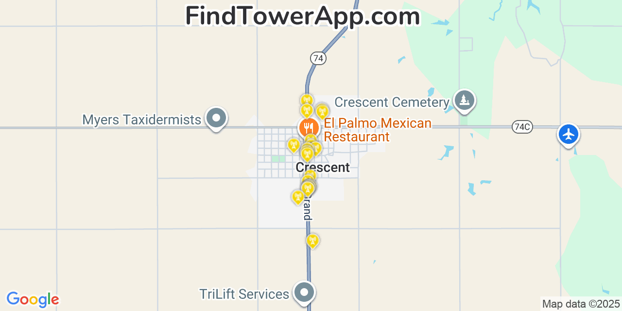 Map showing the 20 primary cell tower locations detected in Crescent, Oklahoma from AT&T, Verizon, and T-Mobile networks