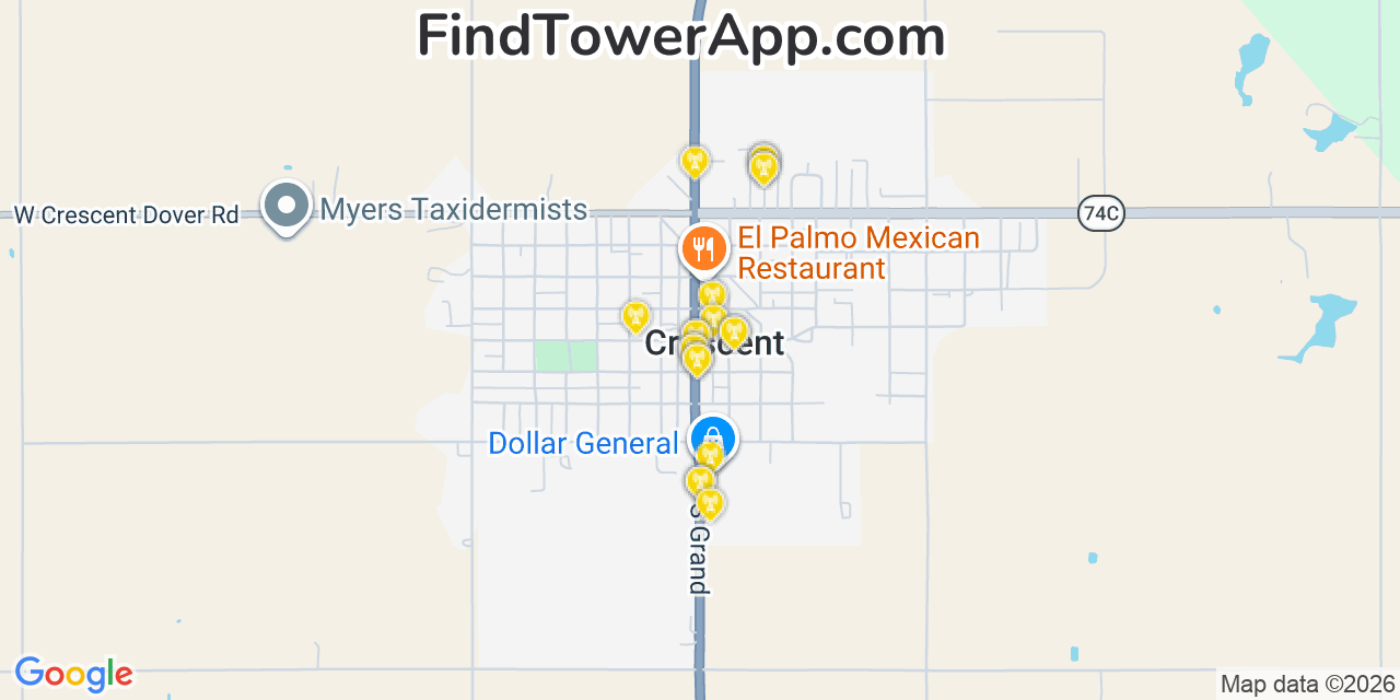 Map showing the 20 primary cell tower locations detected in Crescent, Oklahoma from AT&T, Verizon, and T-Mobile networks