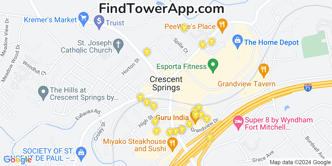 AT&T 4G/5G cell tower coverage map Crescent Springs, Kentucky