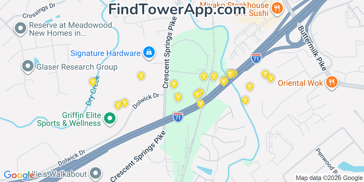 Map showing the 20 primary cell tower locations detected in Crescent Springs, Kentucky from AT&T, Verizon, and T-Mobile networks