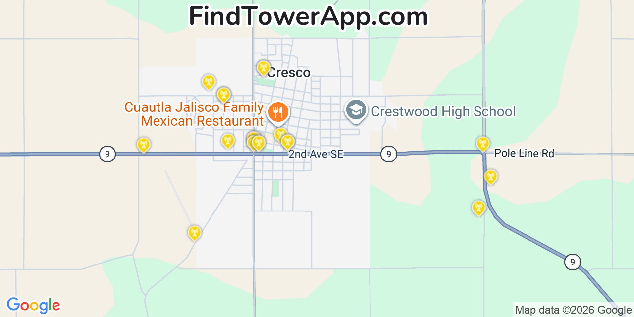 Map showing the 20 primary cell tower locations detected in Cresco, Iowa from AT&T, Verizon, and T-Mobile networks