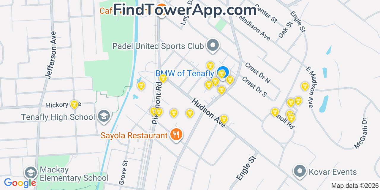 Map showing the 20 primary cell tower locations detected in Cresskill, New Jersey from AT&T, Verizon, and T-Mobile networks