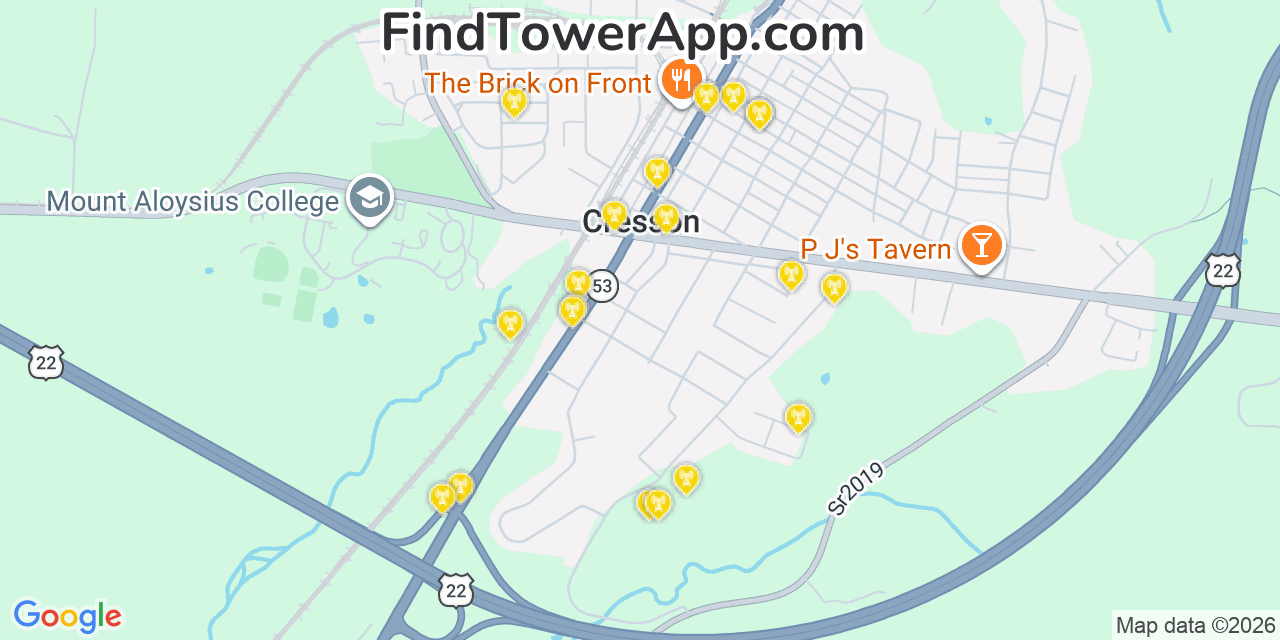 Map showing the 20 primary cell tower locations detected in Cresson, Pennsylvania from AT&T, Verizon, and T-Mobile networks