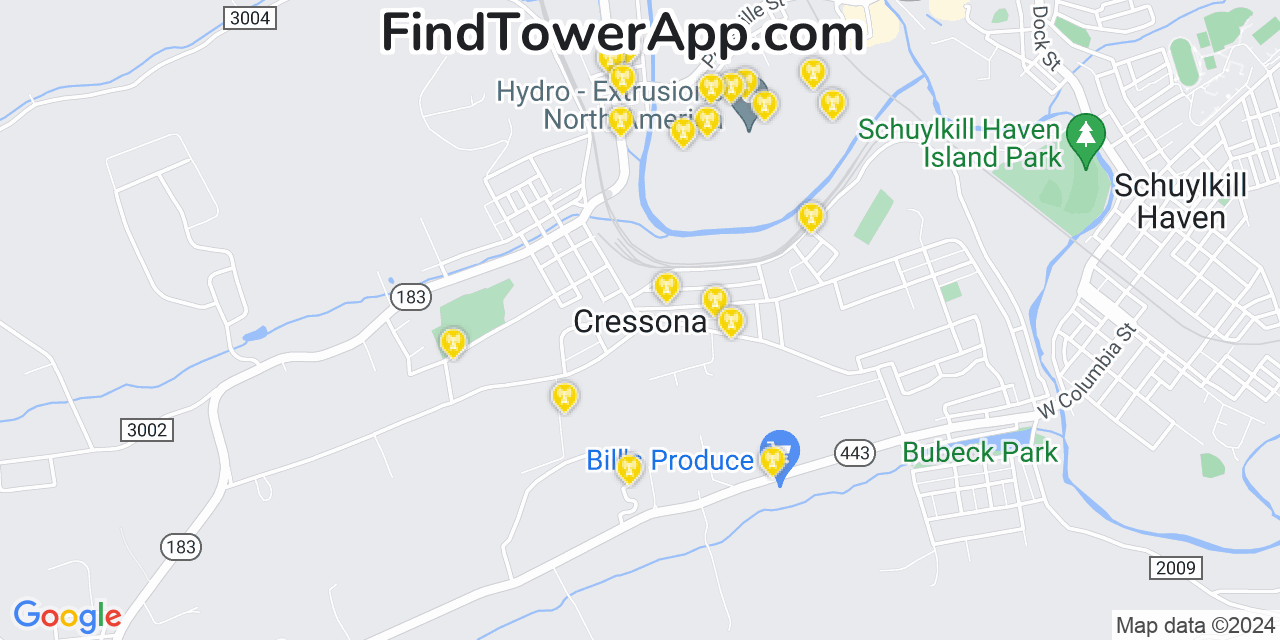 AT&T 4G/5G cell tower coverage map Cressona, Pennsylvania