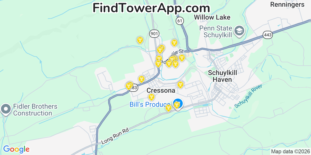Map showing the 20 primary cell tower locations detected in Cressona, Pennsylvania from AT&T, Verizon, and T-Mobile networks