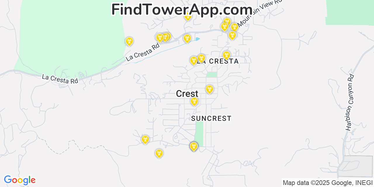 Map showing the 20 primary cell tower locations detected in Crest, California from AT&T, Verizon, and T-Mobile networks