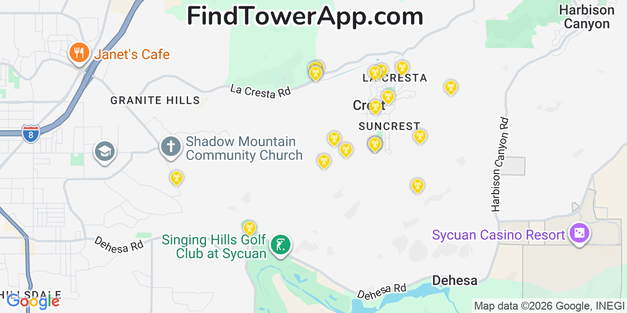 Map showing the 20 primary cell tower locations detected in Crest, California from AT&T, Verizon, and T-Mobile networks