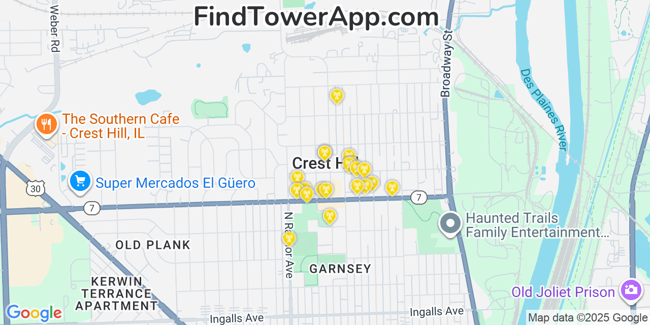 Map showing the 20 primary cell tower locations detected in Crest Hill, Illinois from AT&T, Verizon, and T-Mobile networks