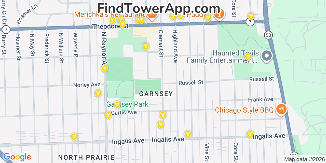 Map showing the 20 primary cell tower locations detected in Crest Hill, Illinois from AT&T, Verizon, and T-Mobile networks