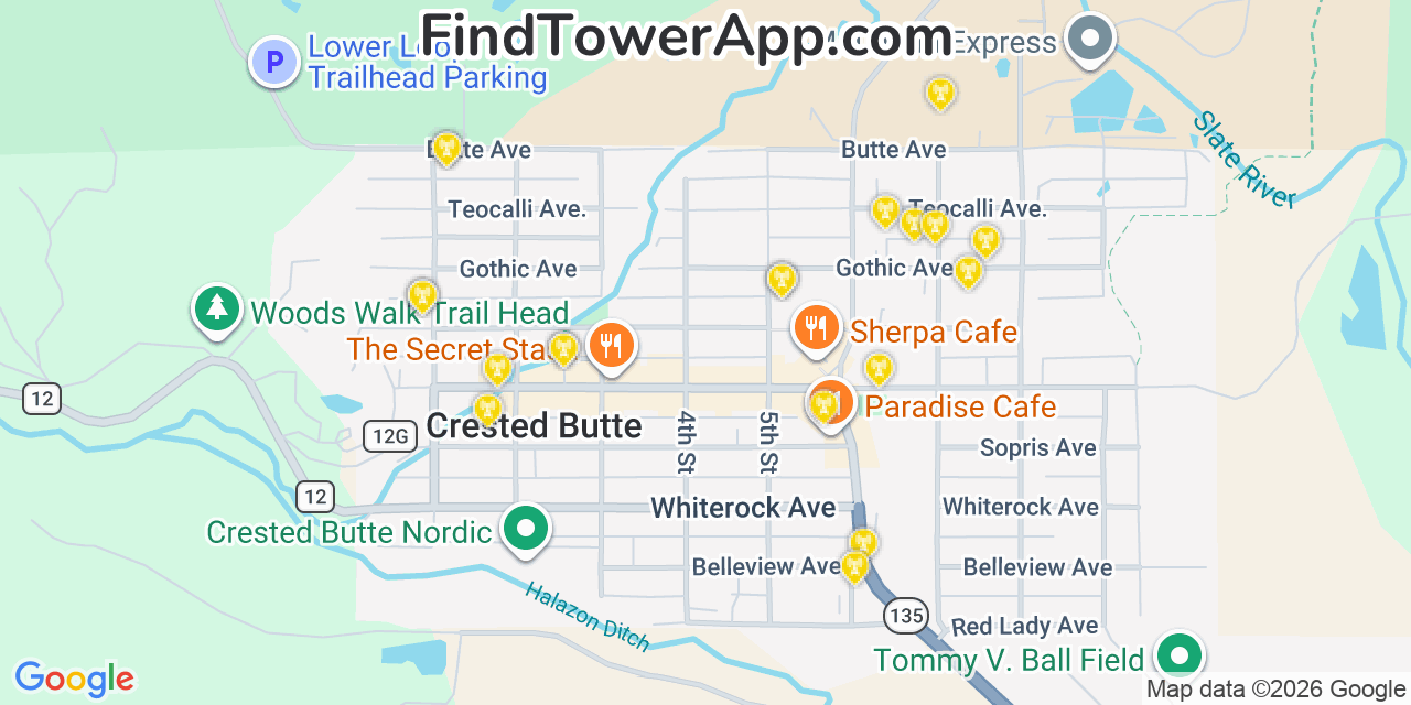 Map showing the 20 primary cell tower locations detected in Crested Butte, Colorado from AT&T, Verizon, and T-Mobile networks