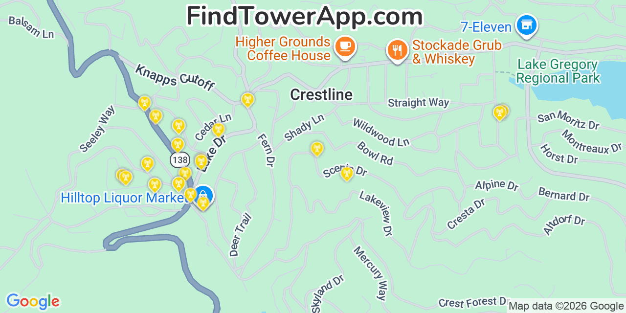 Map showing the 20 primary cell tower locations detected in Crestline, California from AT&T, Verizon, and T-Mobile networks