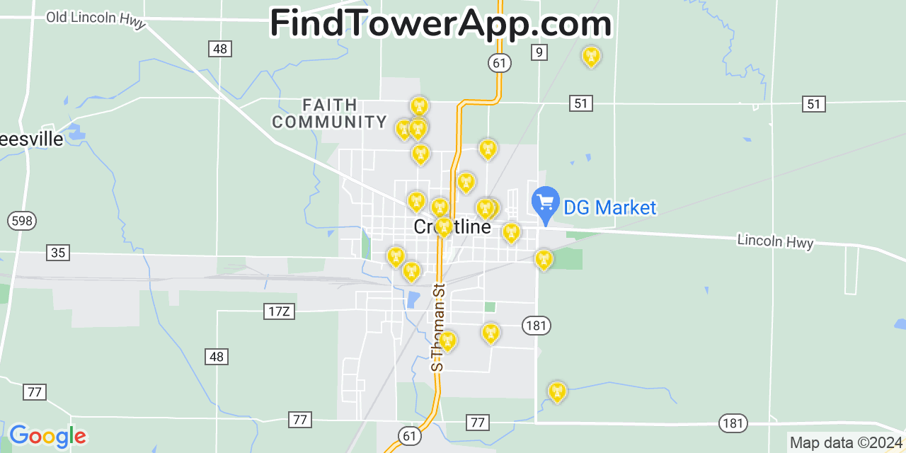 AT&T 4G/5G cell tower coverage map Crestline, Ohio