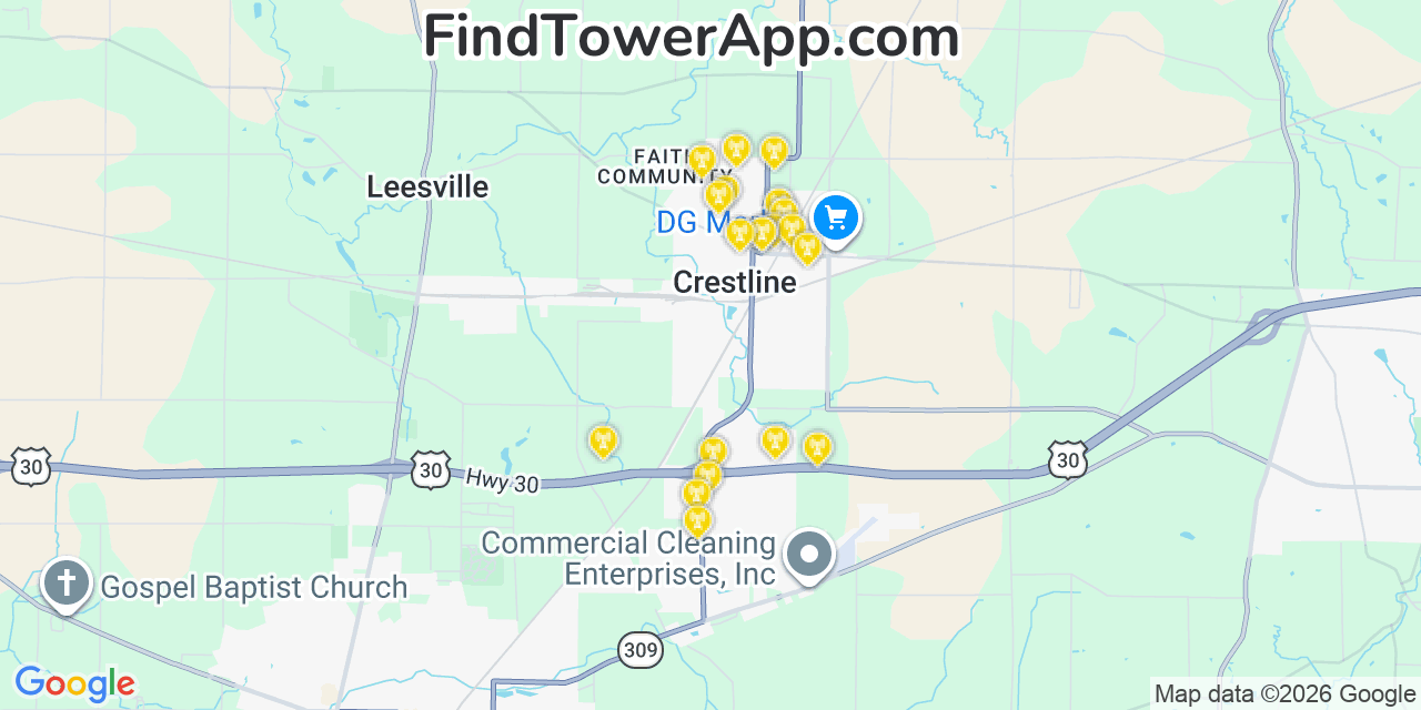 Map showing the 20 primary cell tower locations detected in Crestline, Ohio from AT&T, Verizon, and T-Mobile networks