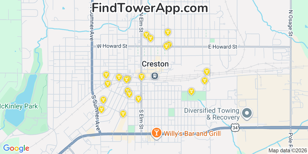 Map showing the 20 primary cell tower locations detected in Creston, Iowa from AT&T, Verizon, and T-Mobile networks