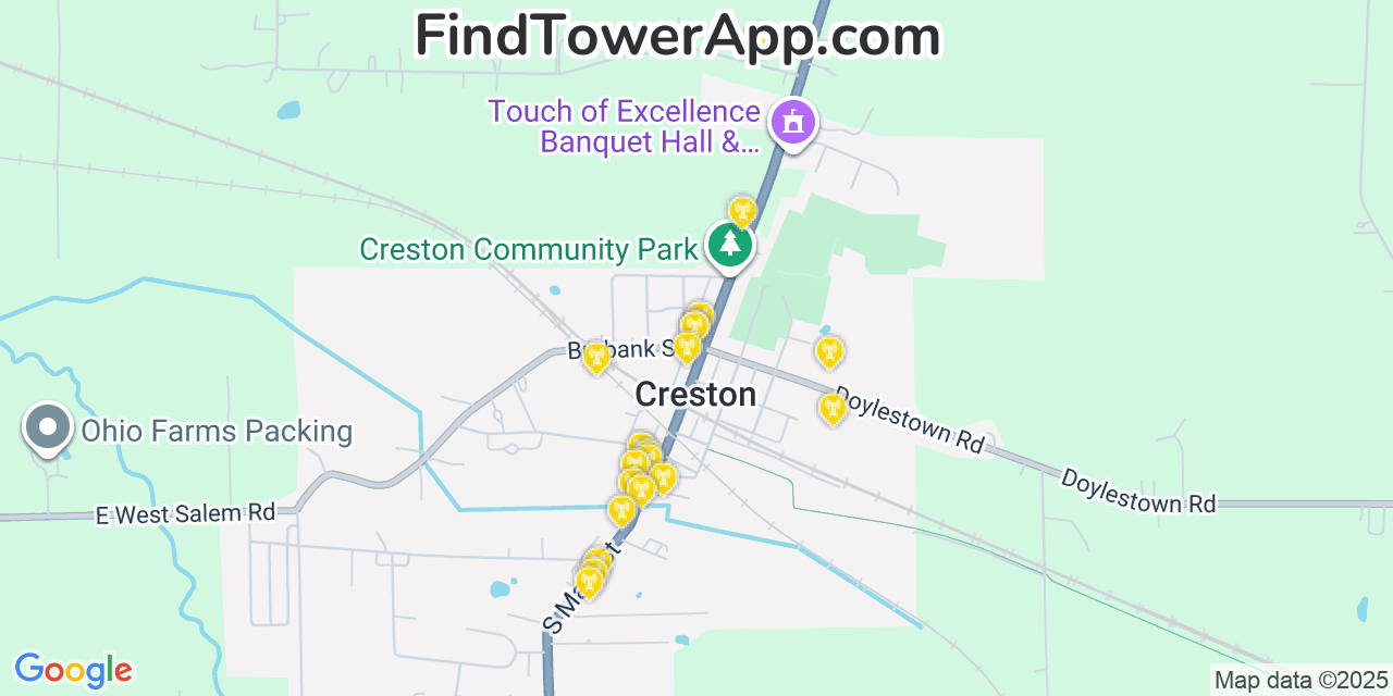 Map showing the 20 primary cell tower locations detected in Creston, Ohio from AT&T, Verizon, and T-Mobile networks