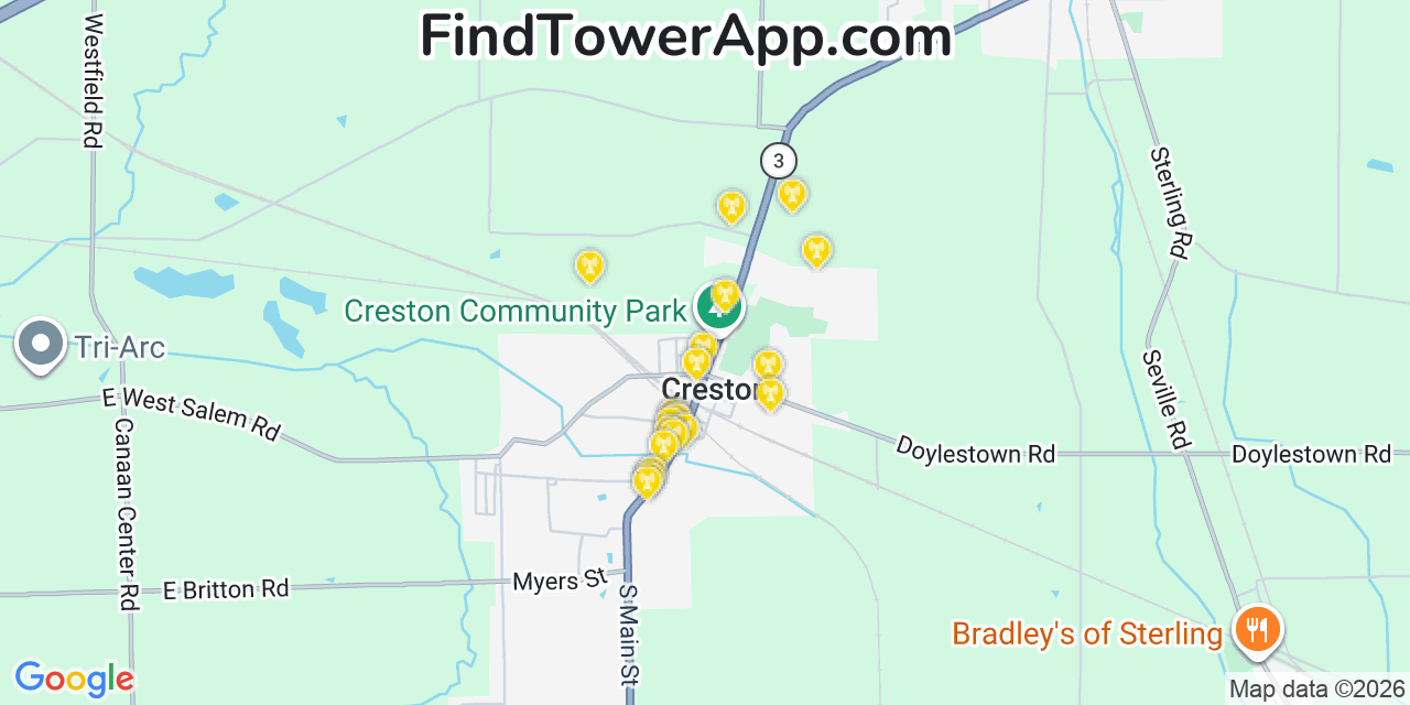 Map showing the 20 primary cell tower locations detected in Creston, Ohio from AT&T, Verizon, and T-Mobile networks