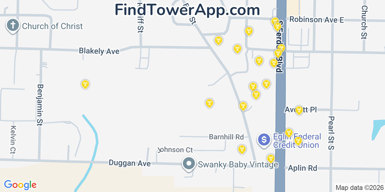Map showing the 20 primary cell tower locations detected in Crestview, Florida from AT&T, Verizon, and T-Mobile networks