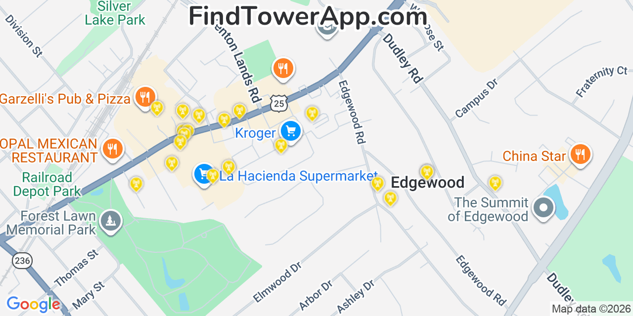 Map showing the 20 primary cell tower locations detected in Crestview Hills, Kentucky from AT&T, Verizon, and T-Mobile networks