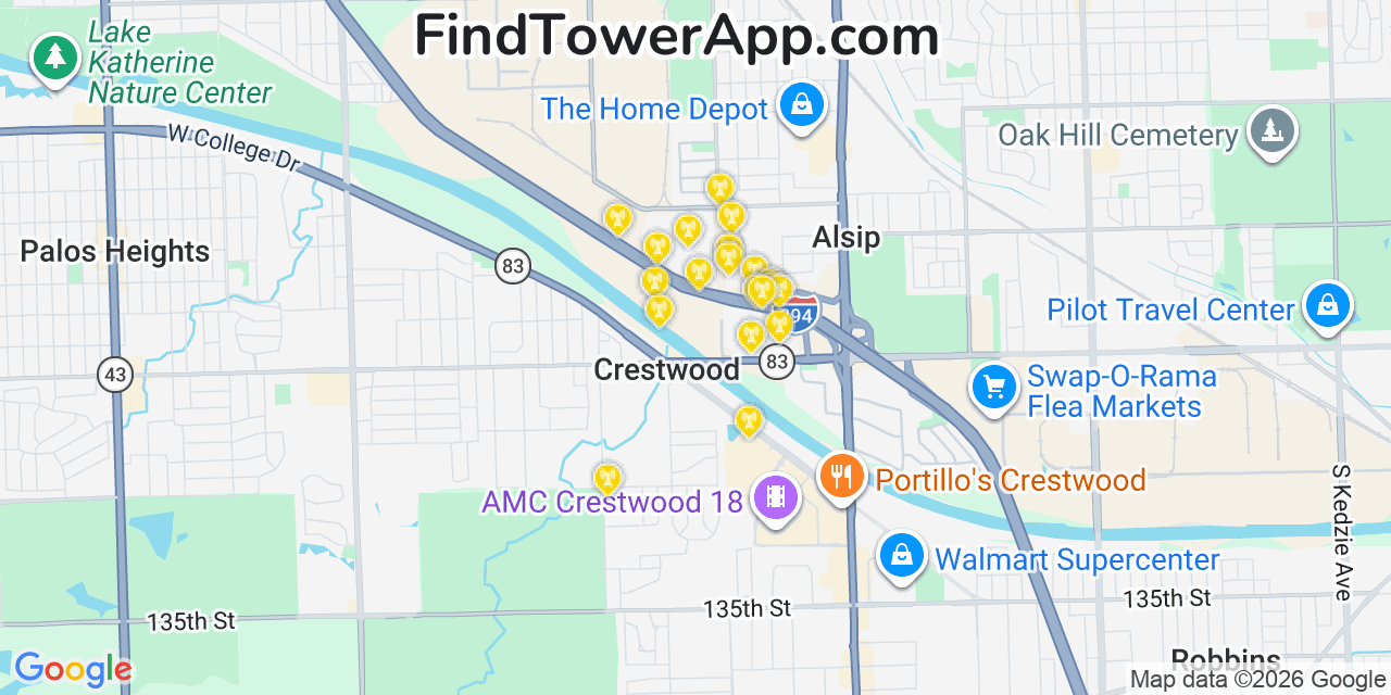 Map showing the 20 primary cell tower locations detected in Crestwood, Illinois from AT&T, Verizon, and T-Mobile networks