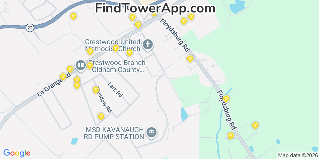 Map showing the 20 primary cell tower locations detected in Crestwood, Kentucky from AT&T, Verizon, and T-Mobile networks