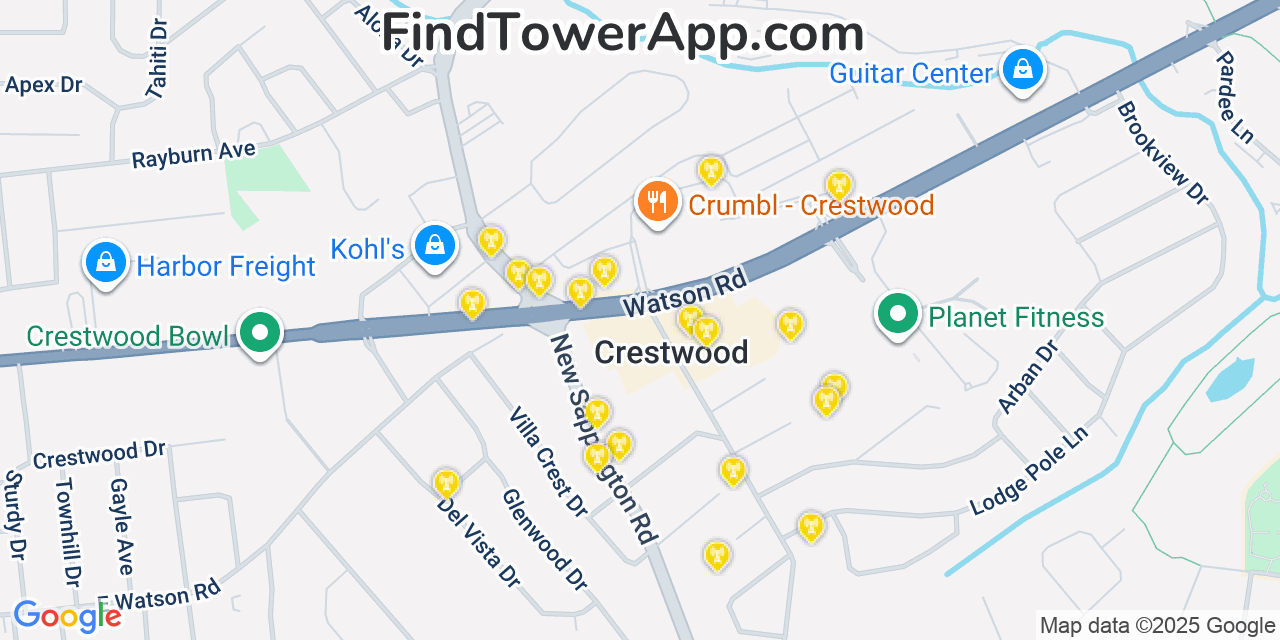Map showing the 20 primary cell tower locations detected in Crestwood, Missouri from AT&T, Verizon, and T-Mobile networks