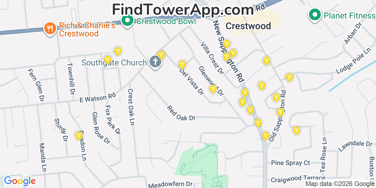 Map showing the 20 primary cell tower locations detected in Crestwood, Missouri from AT&T, Verizon, and T-Mobile networks